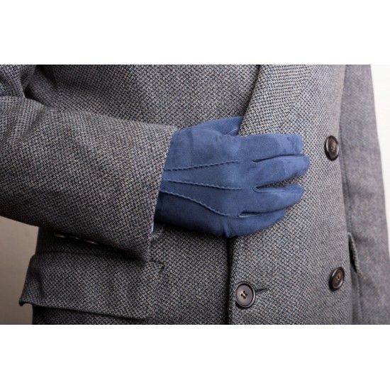 Navy Blue Gray Suede Unlined Leather Mens Gloves with Button by Fort Belvedere