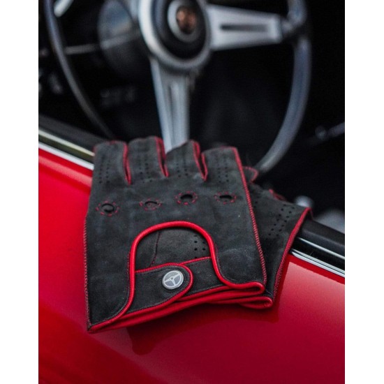 POWERSLIDE - Perforated Suede Driving Gloves - Dark Grey/Red