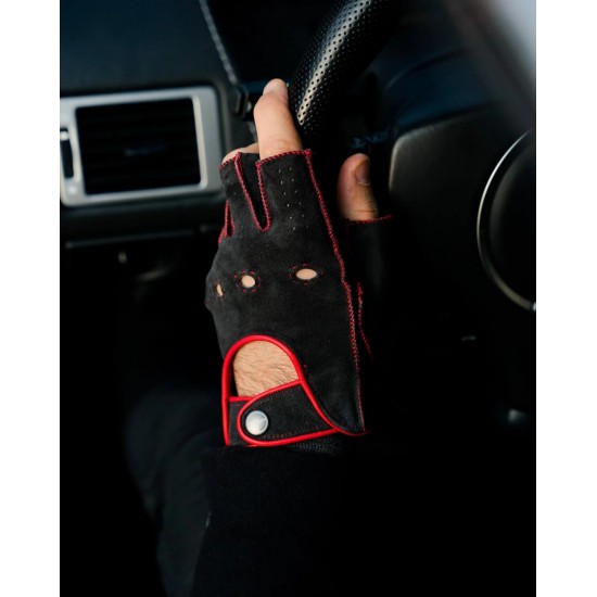 POWERSLIDE - Fingerless Suede Driving Gloves - Dark Grey/Red