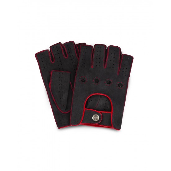 POWERSLIDE - Fingerless Suede Driving Gloves - Dark Grey/Red
