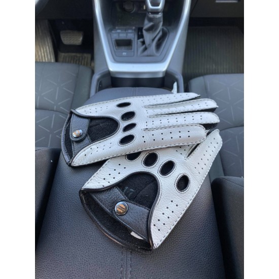 Men’s Driving Gloves Deerskin Leather Hand Made Black White