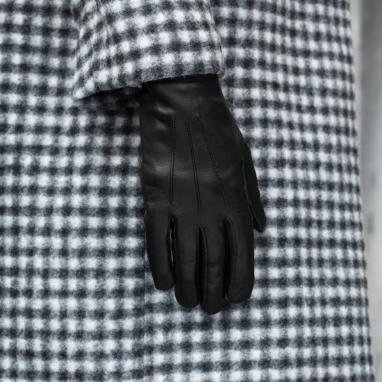 Francesca (black) - lambskin leather gloves with brown fur lining