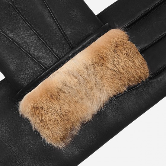 Francesca (black) - lambskin leather gloves with brown fur lining
