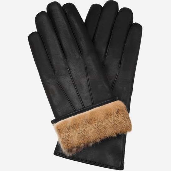 Francesca (black) - lambskin leather gloves with brown fur lining