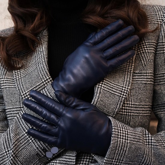 Sofia (Navy blue) - lambskin leather gloves with silk lining