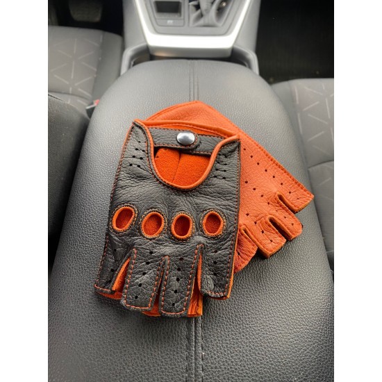 Women’s Fingerless Deerskin Driving Gloves Black Orange